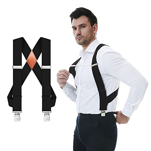 QCWQMYL Men's Trucker Side Clip Suspenders for Men Heavy Duty 2'' Wide X Style Big and Tall Black Suspenders Work Braces
