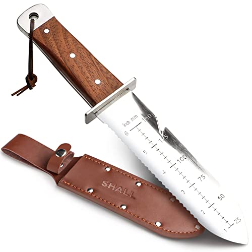 SHALL Hori Hori Garden Knife, Gardening Knife with Leather Sheath, Rosewood Handle & Hide Rope, 7” Stainless Steel Blade, Rope Cutting Edge, for Digging, Weeding, Planting, Full-Tang