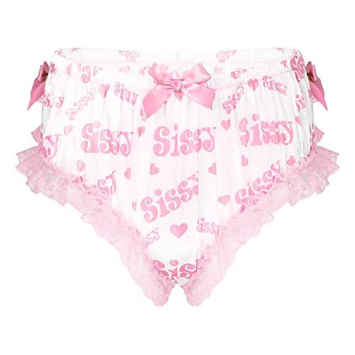 Runhomal Men's Satin Sissy Pouch Panties Crossdress Blommer Underwear Skirted Bikin Briefs Lingerie Pink Letters XX-Large
