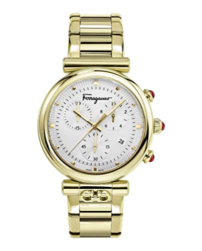 Ferragamo Womens Swiss Made Watch Ora Collection Featuring Polished Stainless Steel Gold Tone Bracelet with White Guiilloche Dial Choronograph with Date Function Swiss Quartz Movement