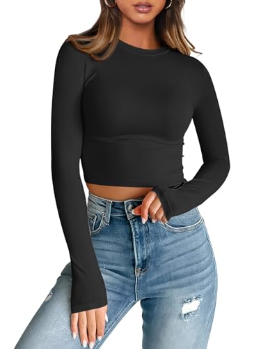 Trendy Queen Womens Long Sleeve Tops for Women Y2k Going Out Cute Teen Tops Basic Sexy Casual Tight Slim Fitted Spring Shirts Y2k Womens Fashion Clothing Teen Girls 2024 Spring Outfits Black