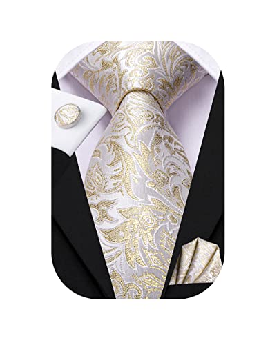 Dubulle Yellow Floral with Sparkles Ties for Men Silk Beige White Sparkling Neckties Pocket Squre Cufflinks Wedding