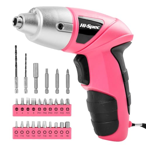 Hi-Spec 27pc 3.6V Pink USB Small Power Electric Screwdriver Set. Cordless & Rechargeable with Driver Bit Set