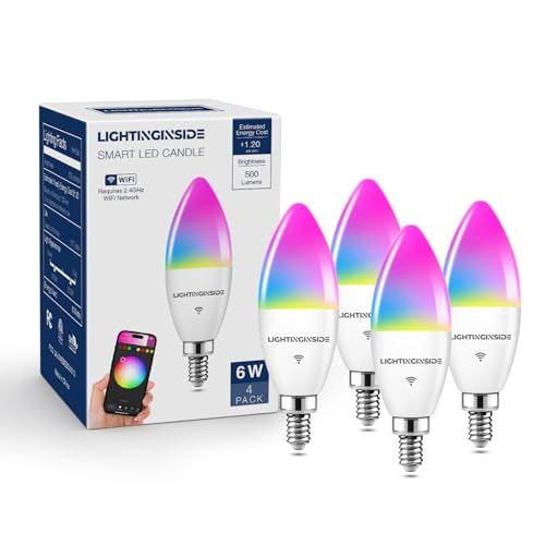 Lightinginside Smart Candelabra LED Bulbs 60 Watt Equivalent, 6W 500lm, E12 LED Bulb Compatible with Alexa/Google Assistant/Smart Life, No Hub Required, Timer, 2.4GHz WiFi Only, ETL Listed, 4PCS