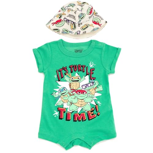 Teenage Mutant Ninja Turtles Donatello Raphael Leonardo Newborn Baby Boys Romper and Bucket Sun Hat Green 0-3 Months