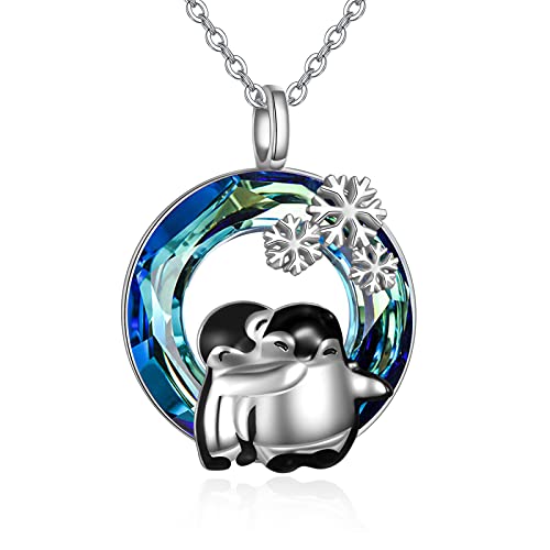 Penguin Necklaces Crystal Penguin Gifts 925 Sterling Silver Hugging Penguins Cute Animal Christmas Jewelry for Women Sister Mother Mom