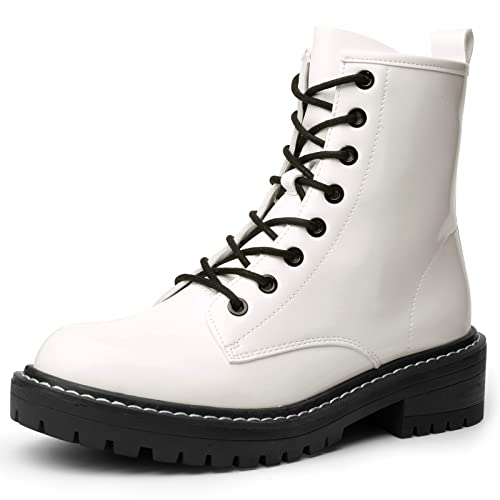 ICHIGO Women’s Fashion Ankle Booties Causal 8-Eye Side Zipper Lace-up Combat Boots(White 7)
