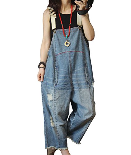 YESNO Women Casual Loose Cropped Denim Jumpsuits Rompers 90s Jeans Overalls Distressed Ripped Fringed/Pockets L P49 Blue