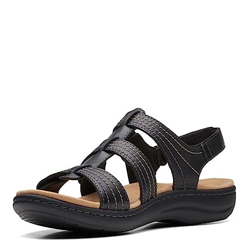 Clarks Women's Laurieann Vine Flat Sandal, Black Leather, 7.5