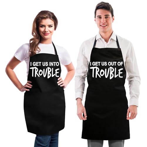 Witty Enterprise — Funny Couple Aprons (2 Pack) + Gift Bag — I Get Us Into Trouble, I Get Us Out Of Trouble — Girlfriend, Boyfriend, Friend — Birthday, Engagement, Anniversary, Wedding, Funny Gift