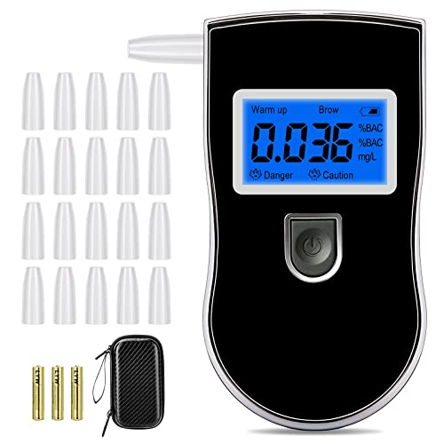 Alcohol Breathalyzer, Professional Grade Accuracy Alcohol Breath Tester for BAC Testing, Portable Blood Alcohol Tester with 20 Mouthpieces & Digital Blue LCD Display for Personal Home Use