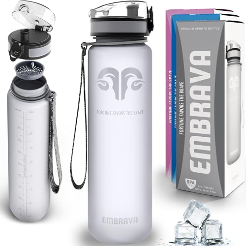 Embrava Best Sports Water Bottle - 32oz Large - Fast Flow, Flip Top Leak Proof Lid - Non-Toxic BPA Free - Safe & Eco-Friendly - Quart (1L) - No Straw, Clear with Strap and Filter - Gym & Workout Ready