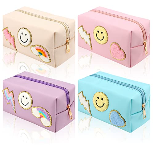 4 Pcs Preppy Patch Makeup Bag Pu Leather Travel Cosmetic Toiletry Bag
