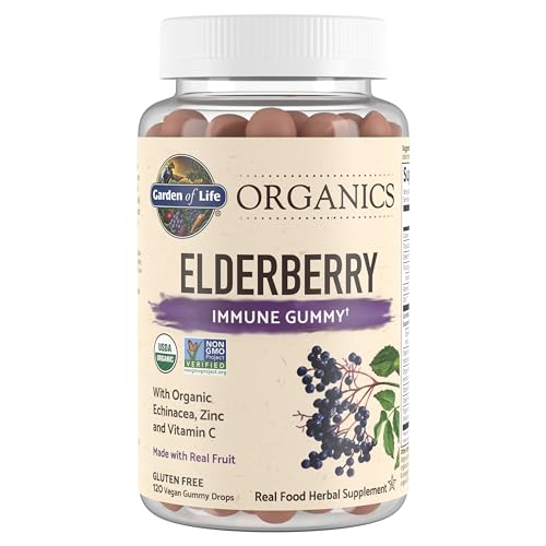 Garden of Life Organics Elderberry Gummies for Adults & Kids - Immune Support Supplement with Organic Fruit, Herbal Blend, Elderberry, Echinacea, Zinc, Vitamin C, 120 Vegan Gluten Free Gummies