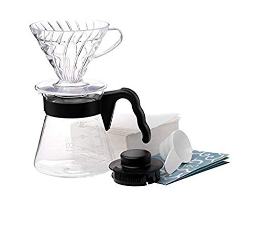 Hario Pour Over Coffee Starter Set Coffee Dripper Set Dripper, Glass Server, Scoop and Filters Size 02, Black