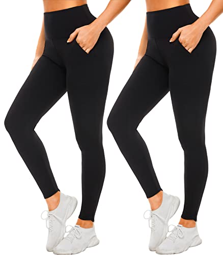 Soft Leggings for Women - High Waisted Tummy Control No See Through Workout Yoga Pants(Black,Black(with Pockets),Small-Medium)