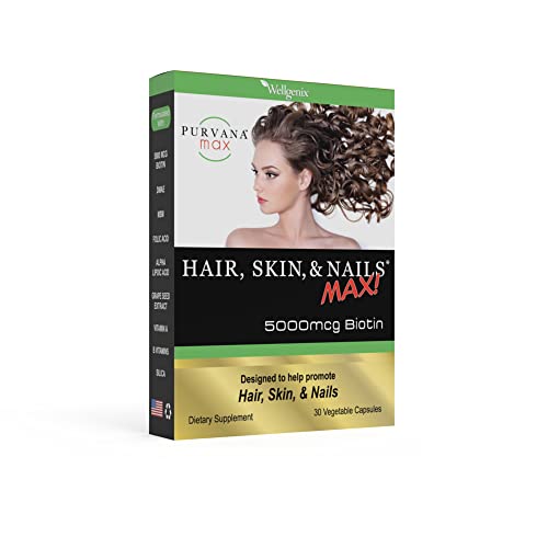 Wellgenix Purvana Max Hair, Skin, and Nails Vitamin - Double Strength Biotin 5000 MCG, VIT A & B, Folic Acid, Grape Seed Extract - Hair Support Supplement -30 Capsules (Pack of 1)