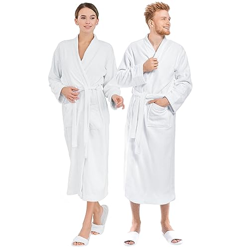Jmr Usa Inc. Luxury White Plus Size Cotton Terry Bathrobe & Slipper Set For Men & Women Unisex After-Shower Robe With Pockets & Shawl Collar