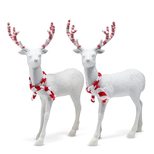Ornativity Peppermint Glitter Christmas Reindeer – Xmas Holiday Party White Deer Figurine Statues with Red and White Antlers and Scarf Dinner Tabletop Mantle Decorations Centerpiece - 12' Pack of 2
