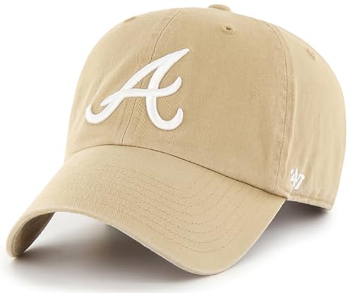 '47 MLB Khaki White Primary Logo Clean Up Adjustable Strap Hat Cap, Adult One Size Fits All (Atlanta Braves)