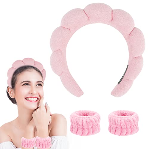 Spa Makeup Headband for Washing Face, Sponge Skincare Face Wash headbands for Women Girls - Bubble Soft Terry Towel Cloth Hair Band for Skincare Makeup Removal, Puffy Non Slip Thick Headwear(Pink)