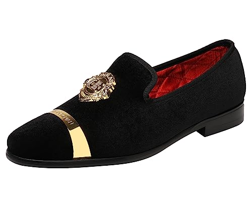 ELANROMAN Mens Dress Wedding Loafers Velvet Gold Buckle Penny Slippers Slip on Formal Black Shoes US 11