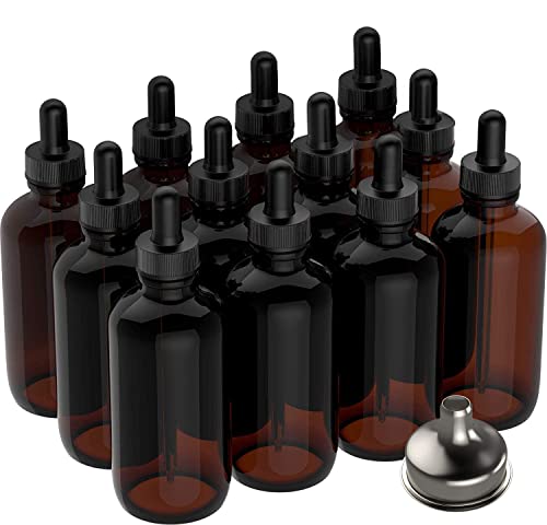 Nylea 12 Pack Essential Oil Dropper Bottles (4 oz) 120ml Round Boston Empty Refillable Amber Bottle with Glass Dropper [ Free Stainless Steel Funnel ] for Liquid Aromatherapy Fragrance Lot