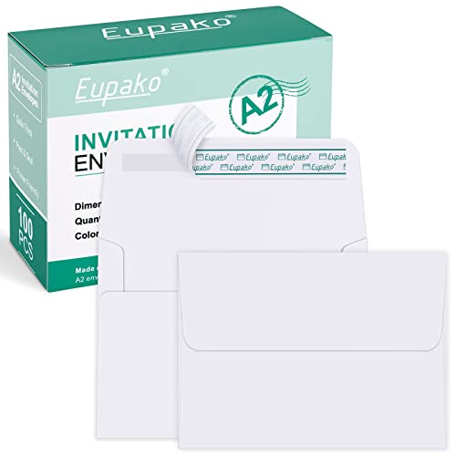 Eupako A2 White Paper Envelopes 100 Pack 4.375x5.75' Invitation Envelopes Self Seal for RSVP, Wedding, Thank you Notes, Greeting Cards, Photos, Announcements