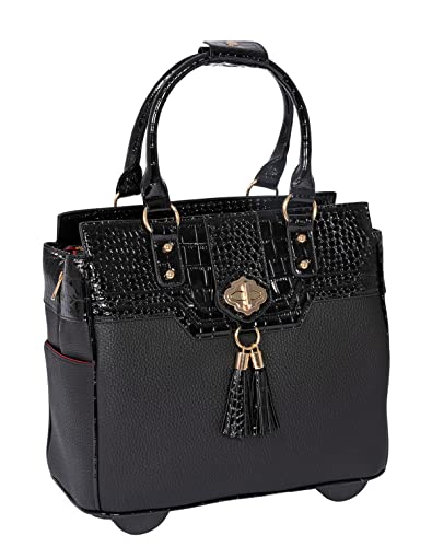 JKM and Company THE MILANO Black Alligator Faux Leather Compatible with Computer iPad, Laptop Tablet Rolling Tote Bag Briefcase Carryall Bag