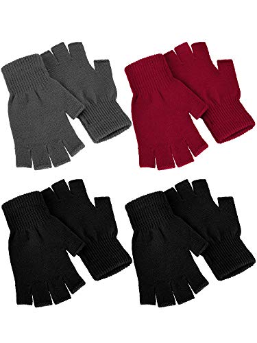 SATINIOR 4 Pairs Winter Half Finger Gloves Knitted Fingerless Mittens Warm Stretchy Gloves for Men and Women (Black, Navy, Red)