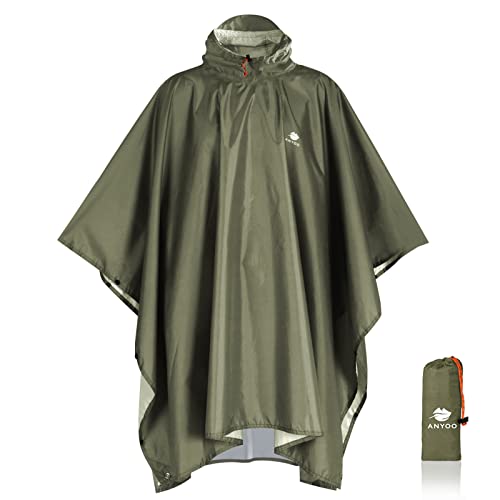 Anyoo Waterproof Rain Poncho Lightweight Reusable Hiking Hooded Coat Jacket for Outdoor Activities(Army Green) One Size