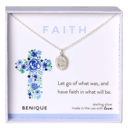 BENIQUE Oval Miraculous Medal Pendant Necklace, 925 Sterling Silver Faith Virgin Mary Guadalupe Necklace, Religious Catholic Gifts For Women, 16'-18' Adjustable (925/Oval Mary)