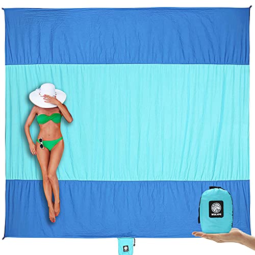 Wekapo Beach Blanket Sandproof, Extra Large Oversized 10'X 9' for 2-8 Adults, Big & Compact Sand Free Mat Quick Drying, Lightweight & Durable with 6 Stakes & 4 Corner Pockets