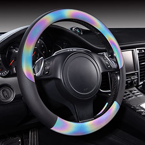 CAR-GRAND Chameleon Iridescent Reflective PU Leather Steering Wheel Cover,15Inch Universal Fit for 95% Suvs,Sedans,Vans,Trucks for Unique Cute Women Lady Girly(Black Colorful Color Change) Multicolor