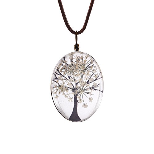 FM FM42 White Life of Tree Queen Anne's Lace Dried Flowers Oval Pendant Necklace FN4074