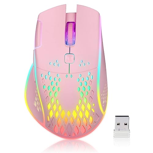 VEGCOO Wireless Gaming Mouse, C30 Silent Click Wireless Rechargeable Gaming Mouse with Double-Click Key and Colorful LED Lights, 3 Level Adjustable DPI for Gaming and Working (Pink)