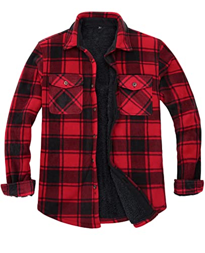 ZENTHACE Fleece Lined Flannel Shirt for Men Sherpa Lined Flannel Plaid Jacket(All Sherpa Fleece Lined) Red Black XXL