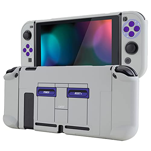 eXtremeRate PlayVital Back Cover for Nintendo Switch Console, NS Joycon Handheld Controller Protector Hard Shell, Dockable Protective Case with Purple ABXY Direction Button Caps - Classics SNES Style