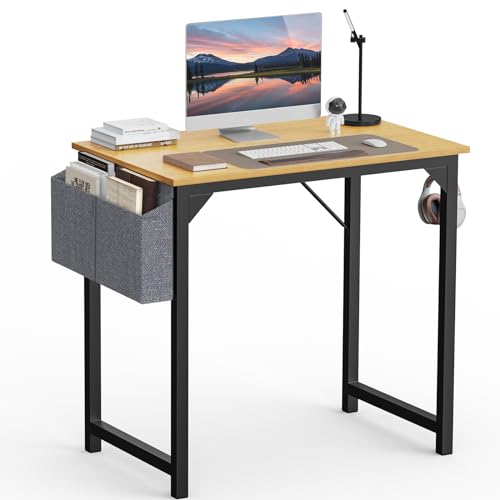 SMUG Small Computer Desk 32 Inch Office Gaming Study Writing Work Kids Student Table Modern Simple Style Wood PC Workstation with Storage Bag Headphone Hook Metal Frame for Bedroom, Home, Oak