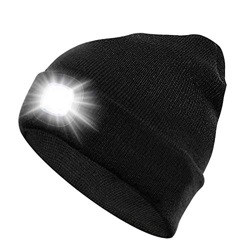 Sminiker Beanie Hat with Light Unisex USB Rechargeable Beanie Cap with Light Headlamp Beanie for Men, Women, Teens (Black)