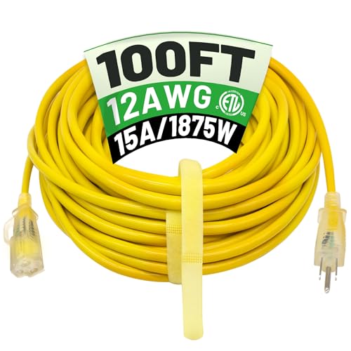 POWGRN 100 ft 12/3 Outdoor Extension Cord Waterproof Heavy Duty with Lighted Indicator End 12 Gauge 3 Prong, Flexible Cold-Resistant Long Power Cord Outside, 15Amp 1875W SJTW Yellow ETL Listed