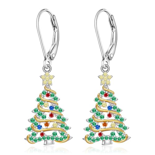 Christmas Earrings Christmas Tree Earrings for Women Sterling Silver Ribbon Green Xmas Tree Colorful Zircon Winter Dangle Studs Holiday Jewelry Gifts