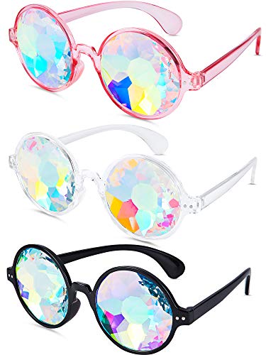 Frienda 3 Pairs Kaleidoscope Rave Glasses Festivals Goggle Rainbow Sunglass Kaleidoscope Sunglass Prism Refraction Glasses(Black, Clear, Pink)