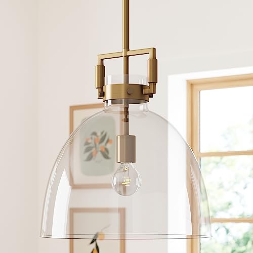 Nathan James Leigh Pendant Lighting, Hanging Ceiling Light with Oversized Glass Shade and Adjustable Cord, for Kitchen Island or Entryway, Vintage Brass/Clear