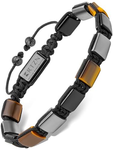 RTZN Triple Protection Bracelet for Men – Premium Artisan Handcrafted Authentic Tiger Eye, Black Obsidian & Hematite Bracelet for Men – 9mm Protection Stones Mens Bead Bracelets (Havana)
