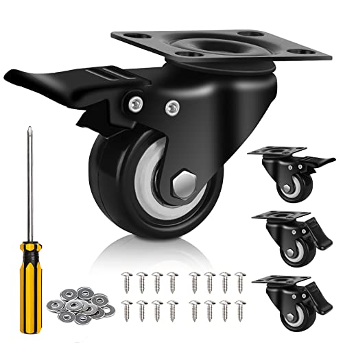 QNCZ 2' Casters Set of 4 Heavy Duty but Silent, Excellent Locking Swivel Plate Casters with Polyurethane (PU) Wheels for Cart, Furniture, Workbench.