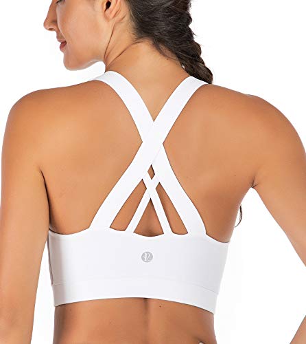RUNNING GIRL Sports Bra for Women, Criss-Cross Back Padded Strappy Sports Bras Medium Support Yoga Bra with Removable Cups A-White