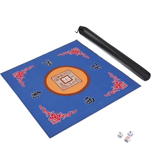 GUSTARIA Mahjong Mat with 3 Free Dice & Carrying Bag, Anti Slip and Noise Reduction Mahjong Table Mat for Poker, Card, Board & Tile Games (Blue, 31.5 inches)