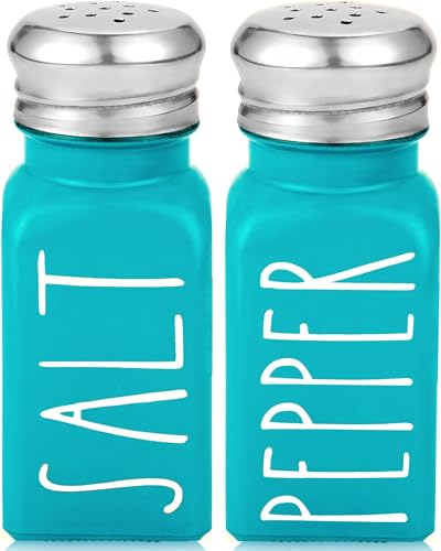 Teal Salt and Pepper Shakers Set by Brighter Barns - Turquoise Kitchen Decor & Teal Kitchen Accessories - Cute Modern Farmhouse Glass Shakers for Home Restaurants Wedding & Stainless Steel Lid (Teal)