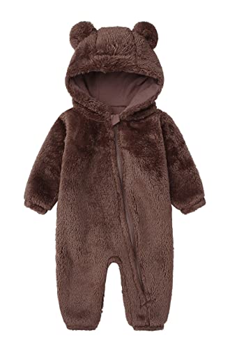 Newborn Bear Outfit Baby Furry Onesie Long Sleeve Baby Rompers with Cute Bear Ear Hoodie 0-3 Months Brown